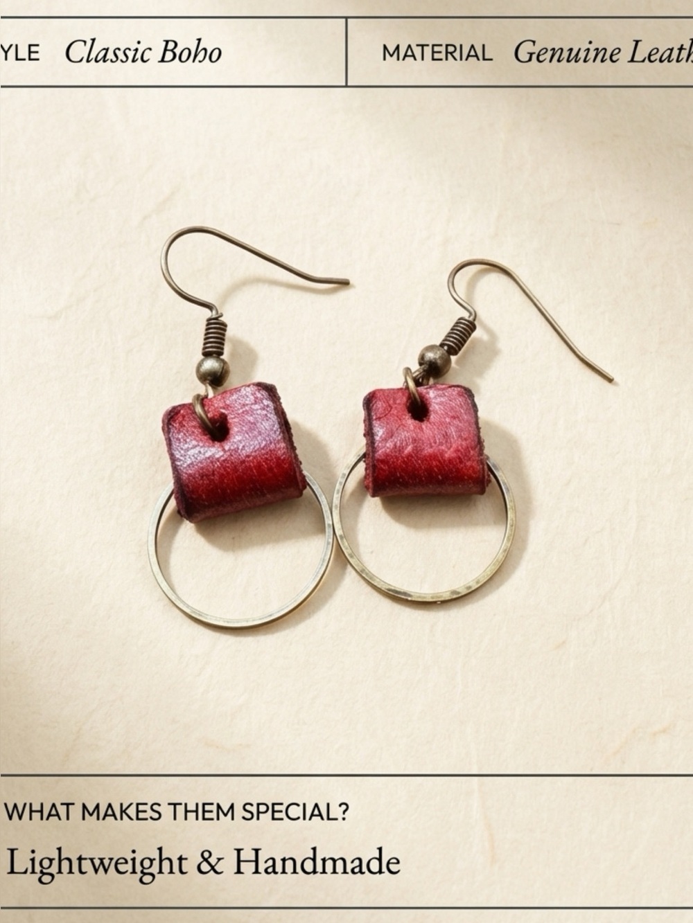 Leather and brass hoop earrings, Red mini hoops lightweight boho everyday outfit